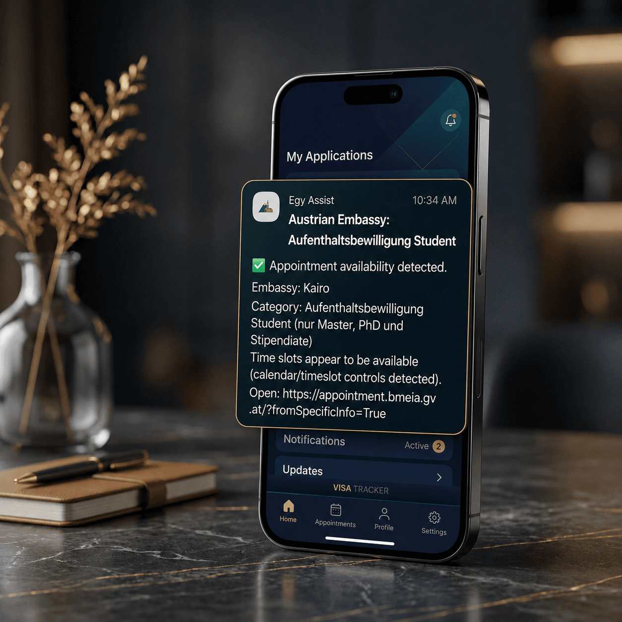 EgyAssist Mobile App Mockup showing visa appointment alerts